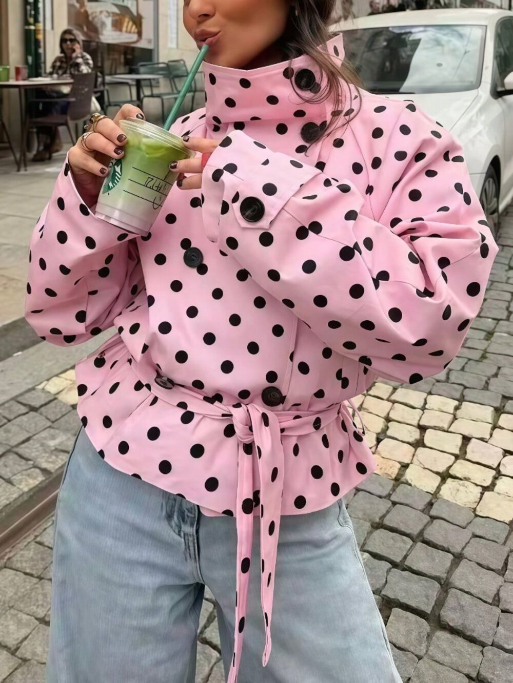 Pink Casual Polka Dot Drawstring Loose Windbreaker Women's Jacket